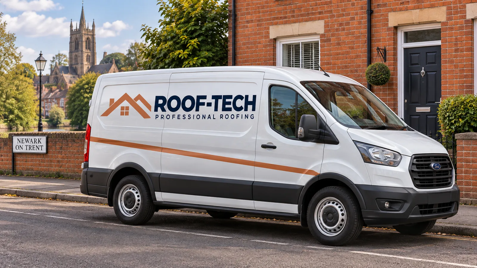 Roof-Tech branded van near a modern Newark home